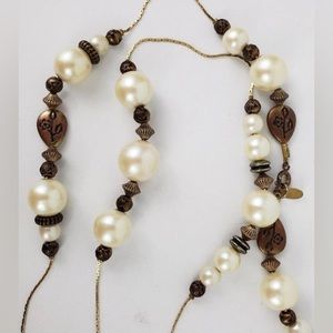 DABBY REID Long Pearl & Bronze Floral Accent Necklace